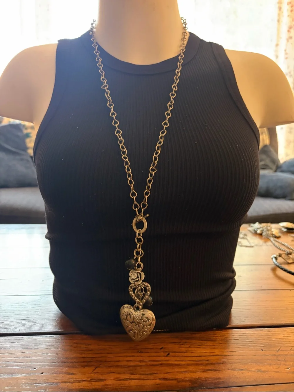 Vintage Boho Silver Engraved Cluster Heart Charm Long Lariat Pendant Necklace